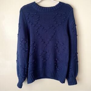 Crown & Ivy | Heart Pom Pom Crewneck Sweater Pullover Cozy Navy Blue Medium